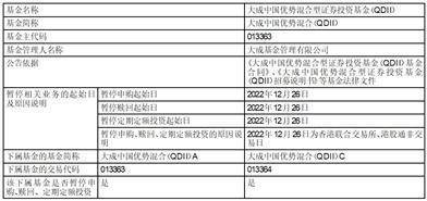 大成中国优势混合型证券投资基金（QDII）暂停申购、赎回及 定期定额投资业务的公告