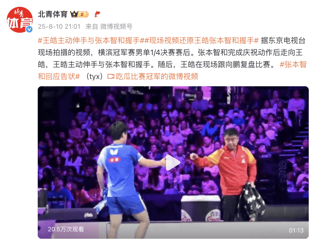 张本智和获胜后和王皓握手<strong></p>
<p>2017年虚拟币升值</strong>，王皓主动伸手后跟向鹏复盘比赛，张本向教练“告状”：他甚至没正眼看我