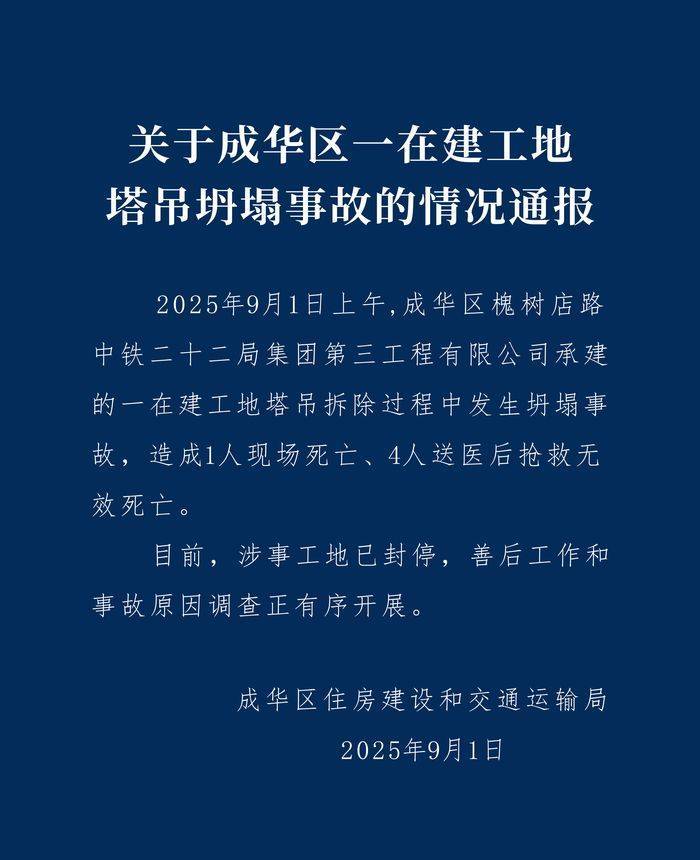 成都成华区：中铁二十二局一在建工地塔吊坍塌致5人遇难<strong></p>
<p>股票</strong>，涉事工地已封停