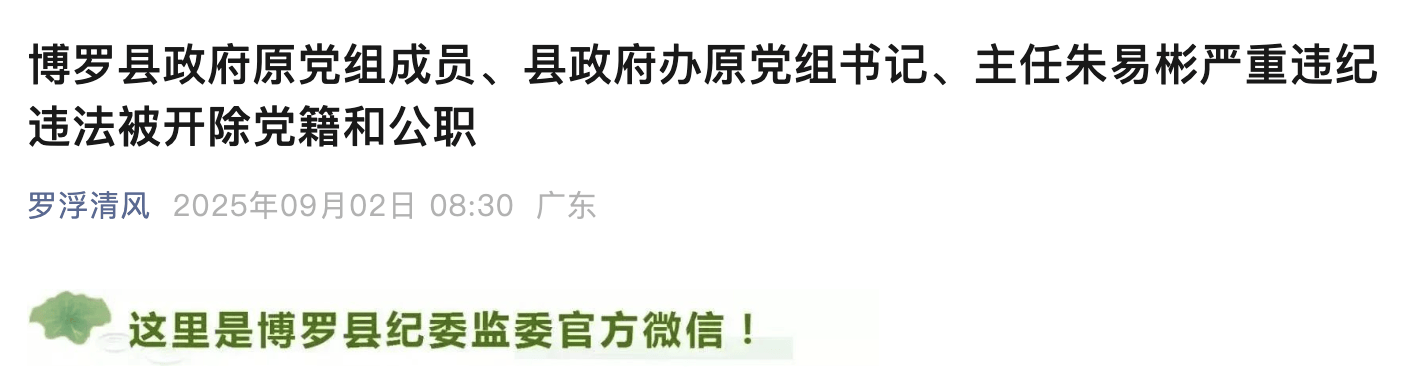 惠州博罗县政府原党组成员、县政府办原主任朱易彬被双开<strong></p>
<p>股票</strong>！